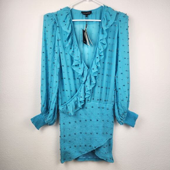 Retrofete Lennon Embellished Silk Chiffon Dress in Blue Size Small NWT Crystal - Picture 2 of 11